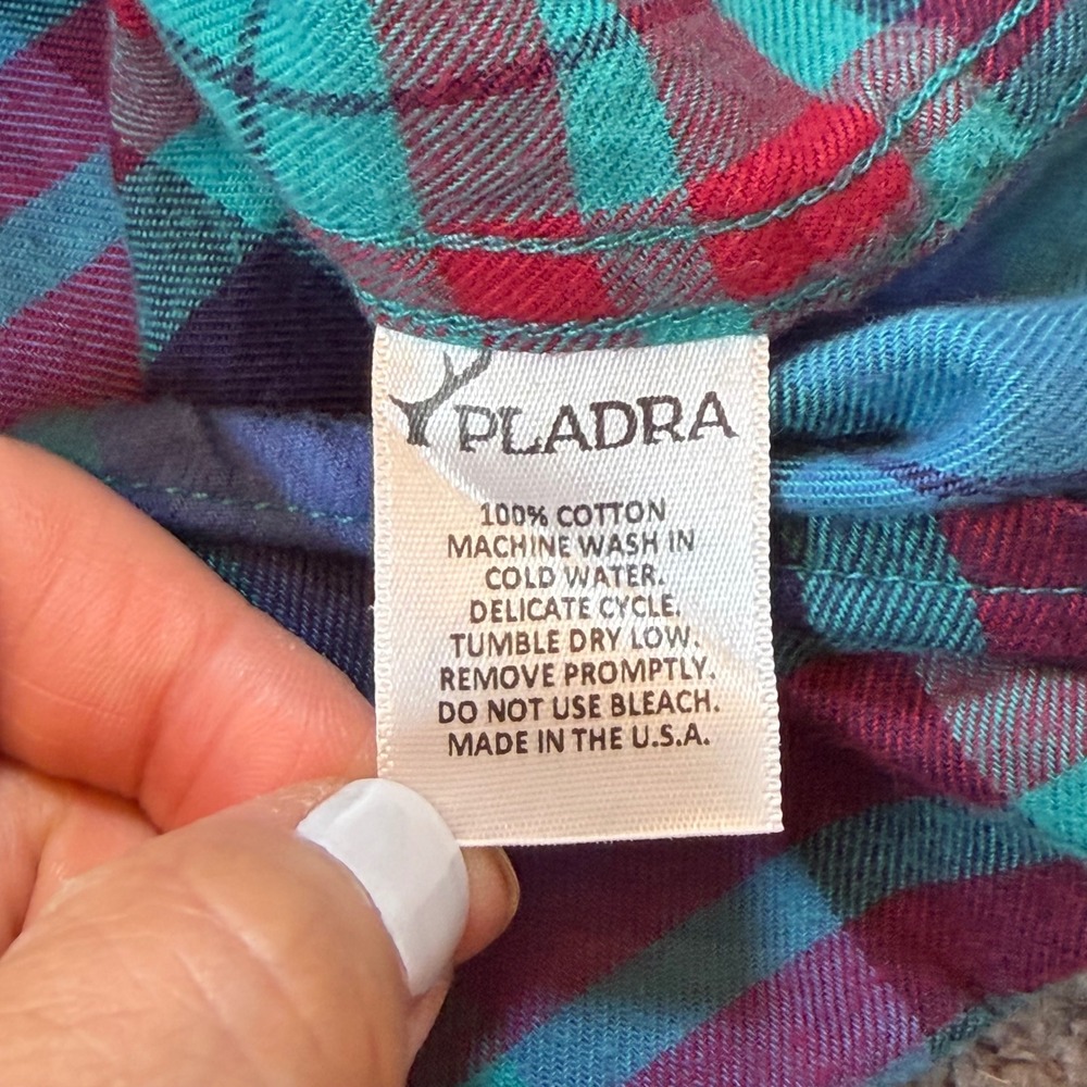 Pladra Womens Flannel Shirt Small Plaid Teal Red Fish Print Lining Made in USA - Picture 6 of 11